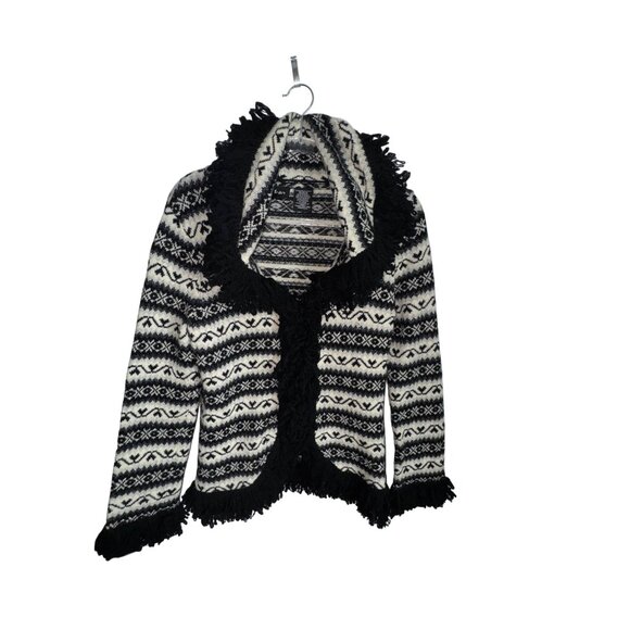 Folia Black & White Lambs Wool Fringe Cardigan Sweater Large Boho Hippie Western - Picture 1 of 7